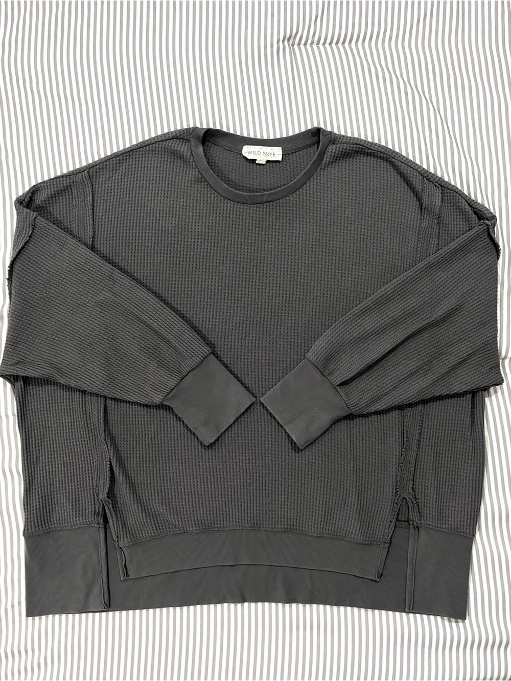 Grey Waffle Knit Crewneck Sweater With Exposed Seams